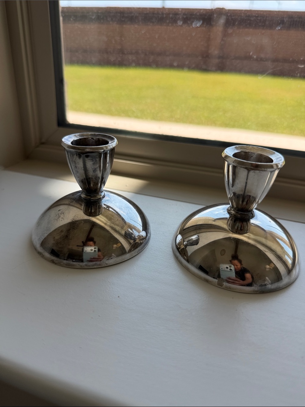 Silver plated Oneida Pair of Silver Tone Metal Candlestick Holders